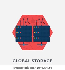 Global Storage Vector Concept. Two Server Icons. Data Center On Red Background. Flat Design Style Hardware 
