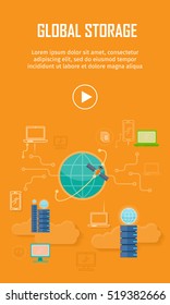 Global storage video web banner in flat style. Cloud information saving. Servers, globe, satellite, computer networks icons. Illustration for video presentation or corporate ad animation clip