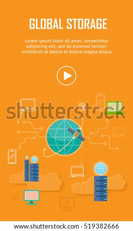 Global storage video web banner in flat style. Cloud information saving. Servers, globe, satellite, computer networks icons. Illustration for video presentation or corporate ad animation clip