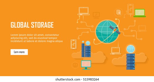 Global Storage Web Banner In Flat Style. Cloud Information Saving. Servers, Globe, Satellite, Computer Networks Icons. Illustration For Video Presentation Or Corporate Ad Animation Clip