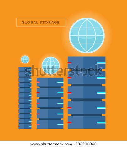 Global storage web banner in flat style. Cloud information saving. Servers, globe, satellite, computer networks icons. Illustration for video presentation or corporate ad animation clip
