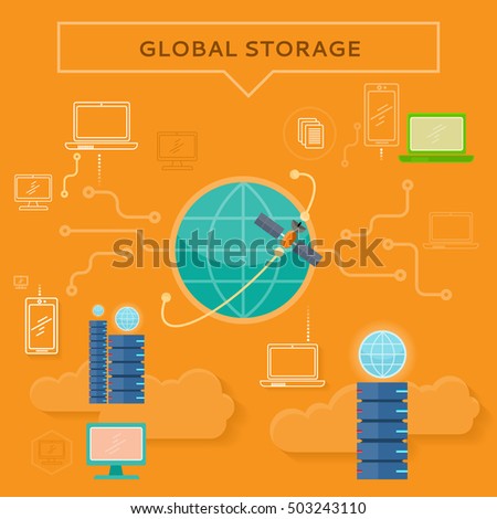 Global storage web banner in flat style. Cloud information saving. Servers, globe, satellite, computer networks icons. Illustration for video presentation or corporate ad animation clip