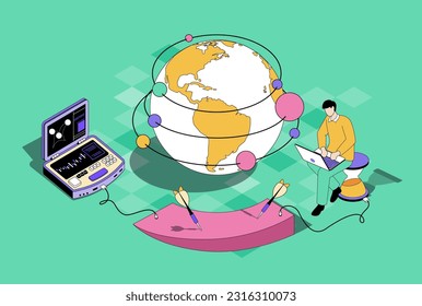 Global strategy concept in 3d isometric design. Man developing business and planning worldwide expansion with opening company branches. Vector illustration with isometry people scene for web graphic