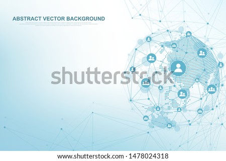Global structure networking and data connection concept. Social network communication in the global computer networks. Internet technology. Business. Science. Vector illustration.
