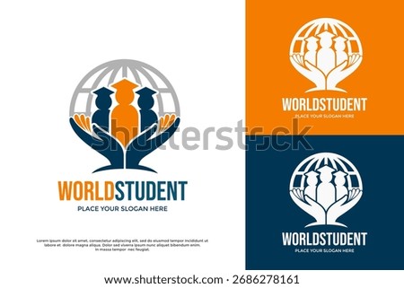 Global student support logo with hands cradling diverse graduates and a world map. Ideal vector icon for international education, university care, community, and academic success.