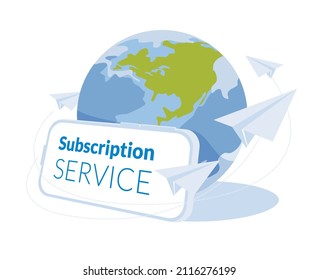 global subscription service metaphor, group of paper planes flying around big smartphone and planet earth. Flat vector illustration. Global open access.