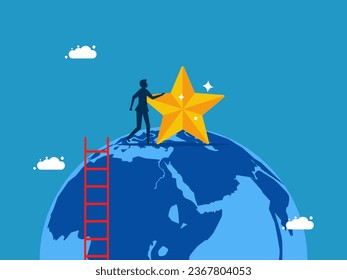 Global success. Businessman with stars on earth 