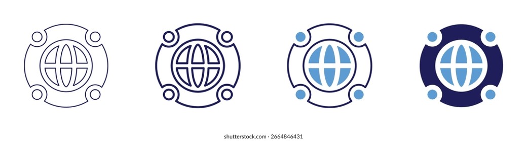 Icono de la cumbre global en 4 estilos diferentes. Línea delgada, línea, línea en negrita, duotono. Estilo duotono. Trazo editable.