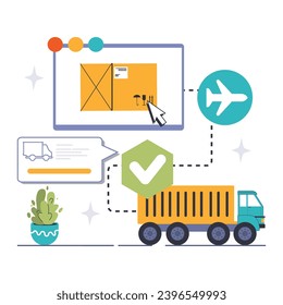 Global Supply Chain concept. Efficient logistics workflow with cargo tracking, air and ground transportation coordination. Seamless distribution system. Flat vector illustration