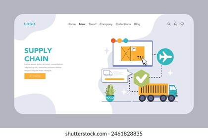 Global Supply Chain concept. Efficient logistics workflow with cargo tracking, air and ground transportation coordination. Seamless distribution system. Flat vector illustration