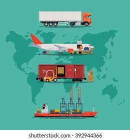 Global Supply Chain Heavy Transport Vector Design Elements. Global Shipping Service. International Merchant Delivery. Commercial Logistics And Transportation