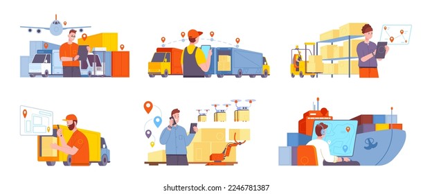 Global supply manager. Logistics chain management, international business shipping concept, goods delivery storage, cargo exportation types splendid vector illustration of management delivery