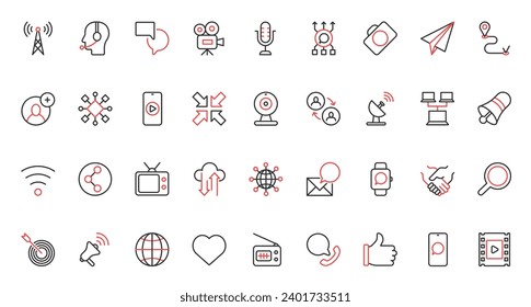Soporte global, sistema satelital de torre de comunicaciones, símbolos de mensajes de chat de notificación por correo electrónico. Imagen vectorial de los íconos de la línea delgada de color rojo para la tecnología de redes globales de medios sociales.