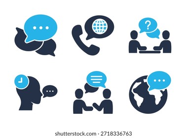 Global Support and Customer Communication icon set. Solid glyph series icons