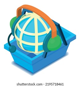 Global Support Icon Isometric Vector. Globe Grid In Headset And Shopping Basket. Worldwide Support, World Trade, Ecommerce, Business,