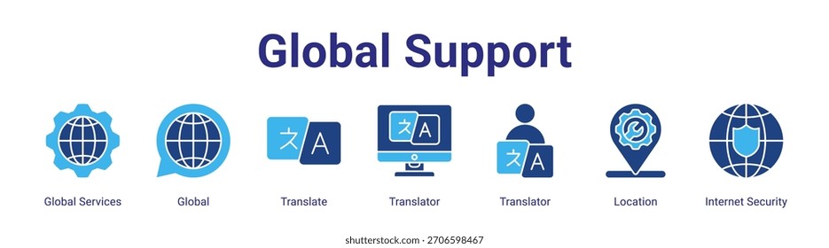 Global Support web banner icon vector illustration concept featuring Global Services,Global,Translate,Translator,Translator,Location and Internet Security in a collection set.