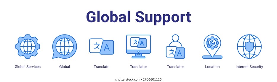 Global Support web banner icon vector illustration concept featuring Global Services,Global,Translate,Translator,Translator,Location and Internet Security in a collection set.
