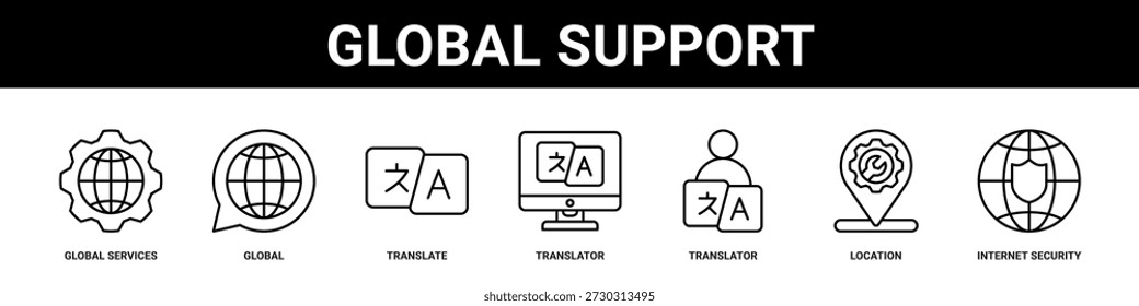 Global Support web banner icon set collection solid style.