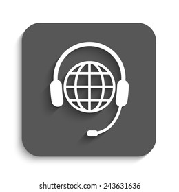 Global support or worldwide service - vector icon with shadow on a grey button