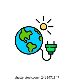 Global sustainability. Earth, sun and green plug. Solar powered ecosystem. Use of renewable energy. Pixel perfect icon