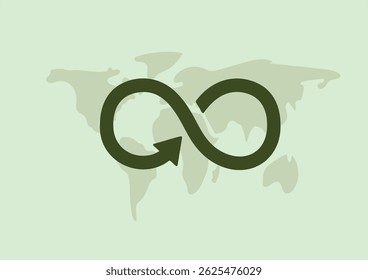 Global Sustainability Infinity Loop with World Map Background. global circular economy and international sustainable development. Circular economy concept. Circular business model. Vector illustration