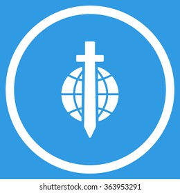Global Sword vector icon. Style is flat circled symbol, white color, rounded angles, blue background.