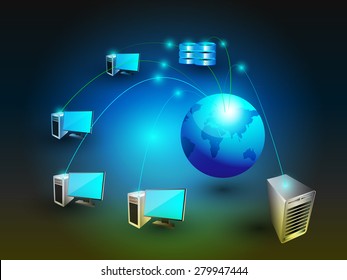Global System integration on space background. This vector illustrates how the different systems like database web and enterprise systems are virtually connected worldwide