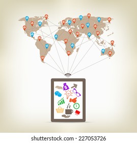 Global tablet communication concept stock