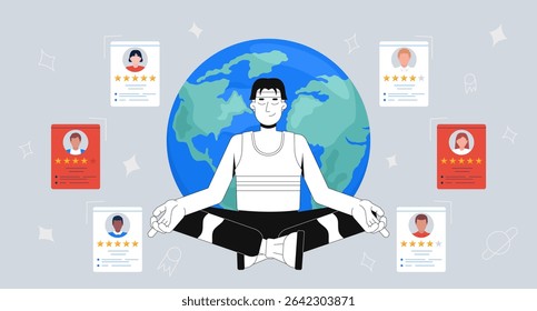 Global talent selection and freelance HR recruiter 2D illustration concept. Headhunter mediating amidst candidates resumes cartoon conceptual abstract vector art. Flat metaphor on grey background