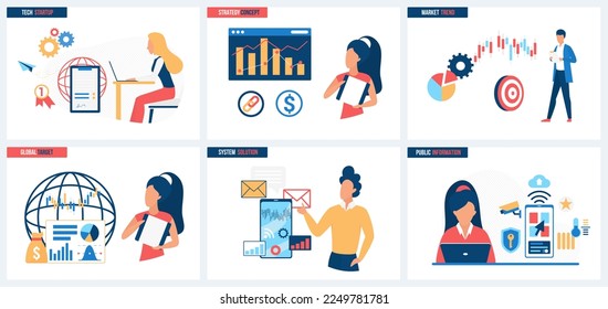 Global target for market trends, tech startup, system solutions and public information strategy set vector illustration. Cartoon tiny people plan future development, growth of international business