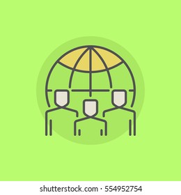 Global team colorful icon. Vector group of business people with Earth globe behind symbol on green background