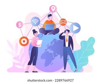 Global team concept. International business and interaction. Men and woman stand near planet. Remote meeting and board of directors. Collaboration and cooperation. Cartoon flat vector illustration
