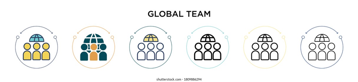 Global team icon in filled, thin line, outline and stroke style. Vector illustration of two colored and black global team vector icons designs can be used for mobile, ui, web