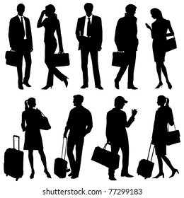 Global team, traveling people - vector silhouettes