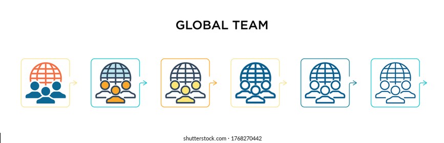 Icono vector de equipo global en 6 estilos modernos diferentes. Iconos de equipo global negros, de dos colores, diseñados con el estilo relleno, contorno, línea y trazo. La ilustración vectorial se puede usar para web, móvil, ui
