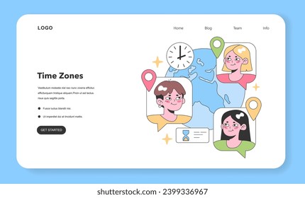 Global teammates interact across time zones, highlighted by map pins and clocks, showcasing worldwide virtual collaboration. Flat vector illustration, web or landing