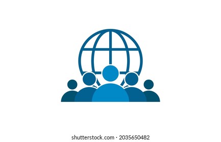 Global teamwork leader logo. Blue five people with globe shape behind. Usable for business, teamwork, support, technology, organization, family, and others.