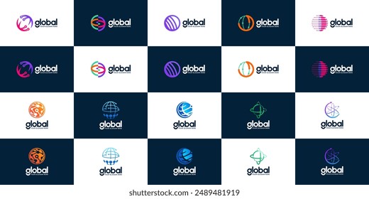 global tech logo collection, modern innovation, science, logo design illustration.