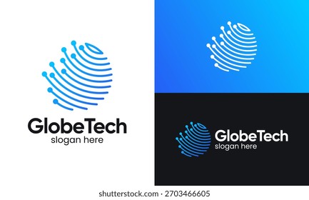 Illustration zur Designvorlage für ein globales Tech-Logo. Abstraktes Globus-Konzept, Vektordesign mit Technologie-System, Verbindungsstil, Symbol, Grafik-Symbol