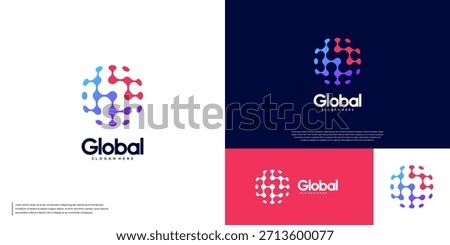 global tech logo with a series of pixels, circular shape, digital network connection symbol, graphic design template.