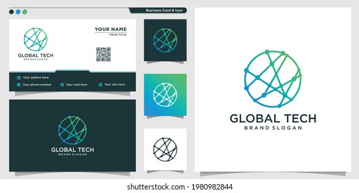 Global tech logo template with line art concept Premium Vector