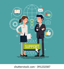 Global technical support vector concept design with support specialist ready to solve any problem. Online tech support illustration. Troubleshooting and maintenance department in business and industry