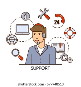 Global technical support vector concept design with man support operator. Outline flat illustration. Troubleshooting and maintenance department in business and industry