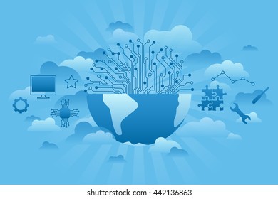 global technologies concept of thin line illustration. Blue sky and clouds around globe. Global business concept. Vector Globe and technologies icons