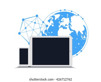 Global technology business network with tablet phone. isolated vector