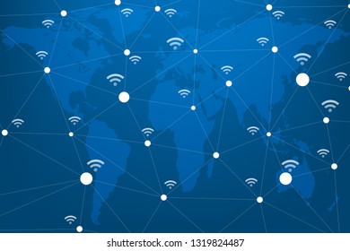 Global technology communication network connecting link with dot polygon on blue background.