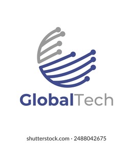 Global Technology Digital Circuit Dots Line Outline Logo Template