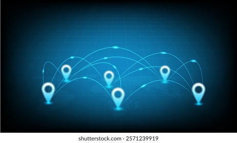 Global technology with dotted world map, Pin point the location of the destination and  curve line to transfer data or sending goods to different country , glow vector design for your website 