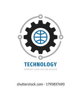 Global technology gear concept business logo template design. Globe world and cogwheel mechanic sign. Computer network SEO icon. Graphic design element. Vector illustration.