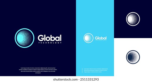 Global technology with half tone, circular style, digital system, logo design template.